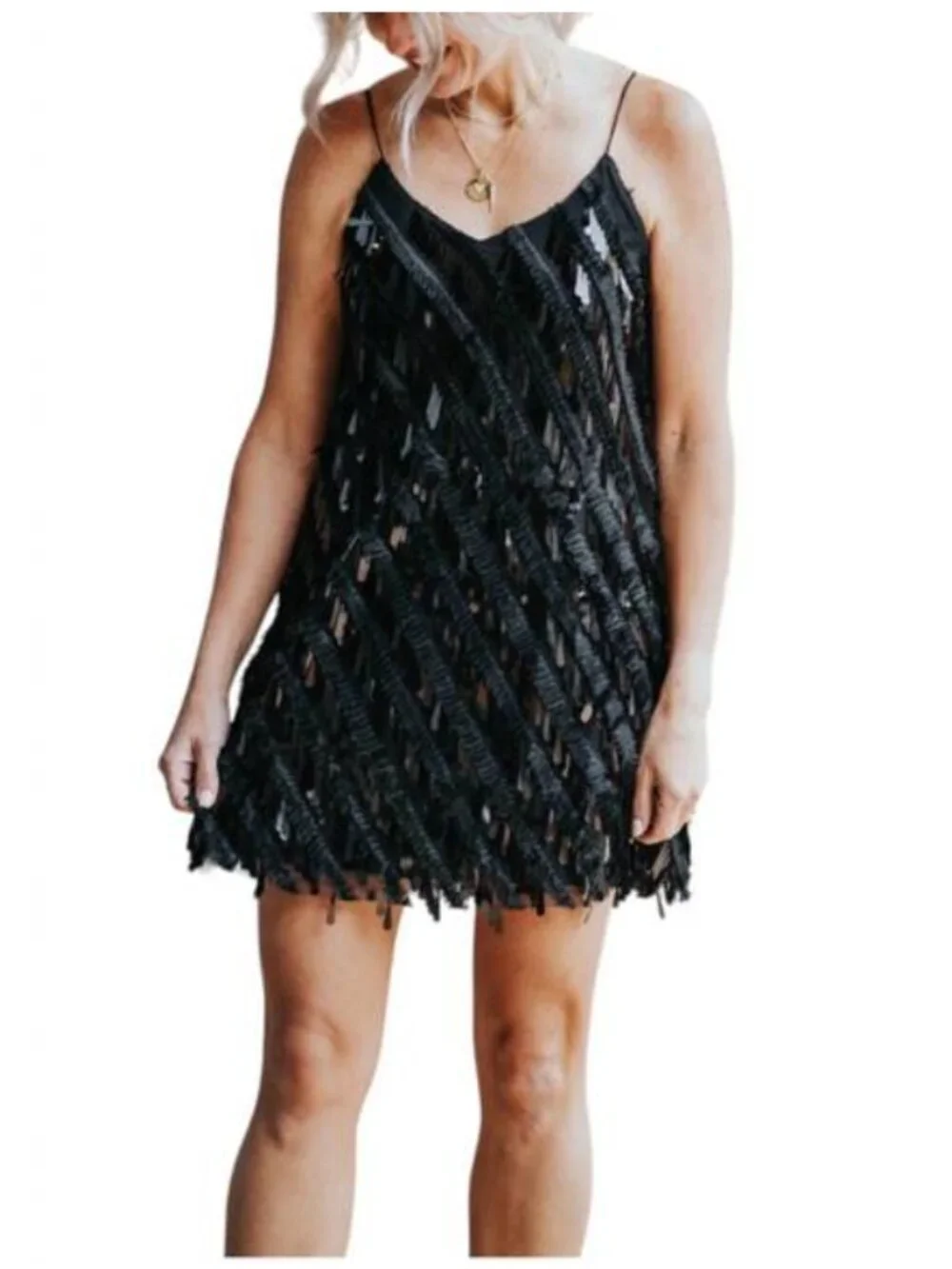 NWT She + Sky Black Sequin Fringe Mini Dress Size Medium